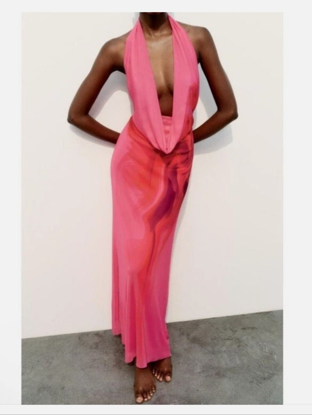 NWT ZARA ZW  MIDI DRAPED TULLE HALTER SUMMER DRESS FUCHSIA-SL SIZE LARGE